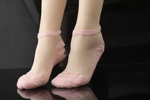 Detailed view of pink lace invisible liner socks with sheer floral mesh and ribbed edges