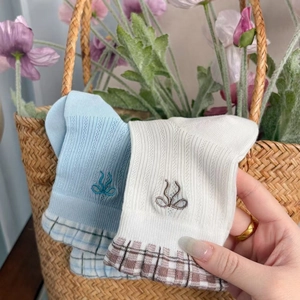 Women's Cotton Slouch Socks With Bowknot Embroidery Plaid Trim Breathable Casual Mid Tube Socks For Everyday Wear