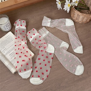 Macro detail of sheer glass silk socks with red heart print and ruffled cuffs