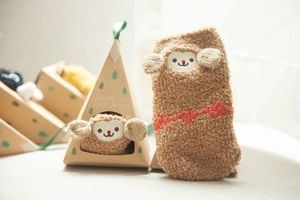 Plush coral fleece kids animal socks with creative triangle gift box and forest motifs