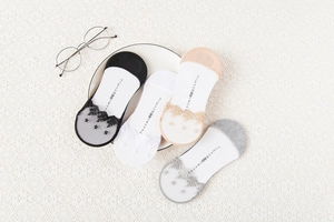 Detail view of four color variations of lace no-show socks with star embroidery accents