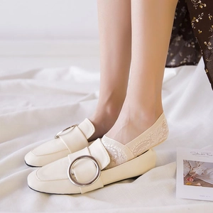 Cream square-toe loafers with silver buckle and elegant beige lace invisible socks