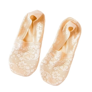 Beige lace no-show socks for women featuring floral mesh texture and breathable fabric