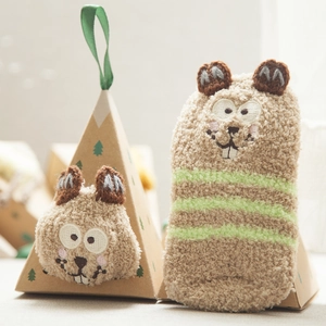 Brown coral fleece animal socks with 3D embroidery in a triangle kraft gift box