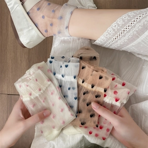 Japanese style sheer glass silk socks with colorful heart patterns and ruffled cuffs