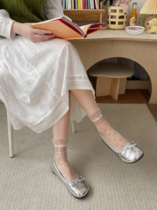Detail of pink heart-patterned mesh socks paired with metallic silver ballet flat shoes