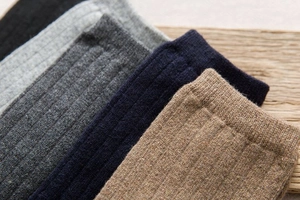 Close-up of ribbed texture and fiber details on multi-color thick winter wool socks