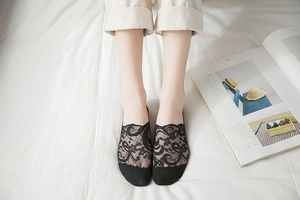 Detailed view of black floral lace no-show socks with breathable mesh and cotton sole