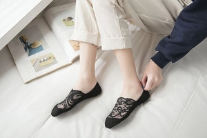 Detailed close-up of women's black floral lace no-show socks with reinforced toe design