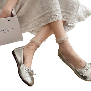 Silver ballet flats with bow and sheer pink dot tulle socks for a sweet Japanese look