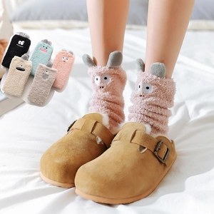 Cartoon Monster Coral Fleece Socks Women Winter Warm Thick Fuzzy 3D Ear Embroidered Home Sleep Mid Tube Floor Socks