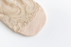 Detailed close-up of nude lace no-show socks featuring fine floral crochet patterns