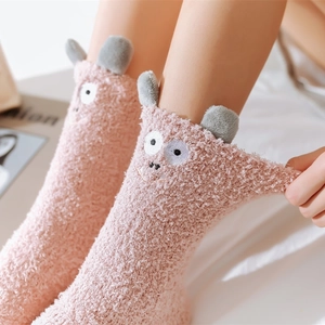 Thick pink coral fleece thermal socks with cute 3D ears and cartoon animal embroidery