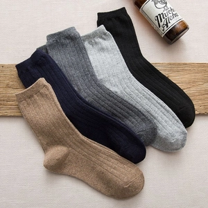 Men Thick Wool Blend Crew Socks Solid Color Ribbed Warm Winter Thermal Casual Business Socks For Cold Weather