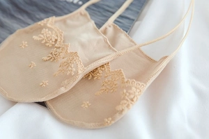 Detailed view of beige lace boat socks with 3D floral embroidery and mesh texture