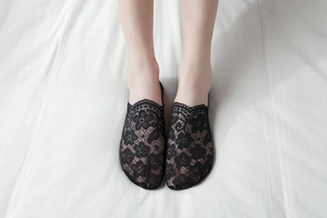 Detail of black floral lace no-show socks with non-slip silicone and scalloped edges