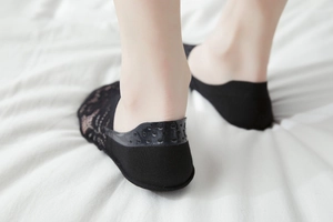 Detailed view of women's black lace no-show socks with non-slip silicone heel grip