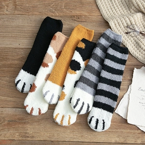 Warm Coral Fleece Cat Paw Socks For Women Thickened Fuzzy Mid Calf Winter Sleeping Floor Socks Cartoon Animal Plush Socks