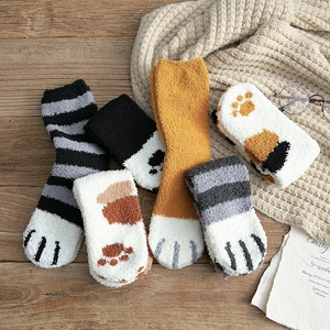 Thick coral fleece cat paw socks for winter warmth and cozy home lounging indoors