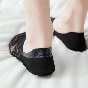 Black lace low cut liner socks for women with non-slip silicone grip on the heel