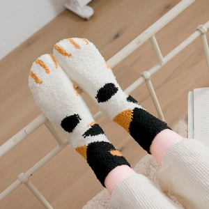 Cute coral fleece cat paw socks for women, thick warm winter sleeping floor socks