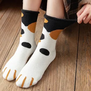Cute thick thermal cat paw socks with non-binding cuffs and seamless toe design