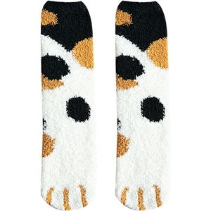 Thick coral fleece cat paw socks for women with warm fuzzy calico pattern for winter