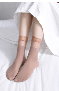 Detail showing sheer beige velvet crew socks with lace ruffle trim and vertical stripe texture