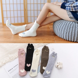 Women Winter Thickened Coral Fleece Socks Cute Cat Claw Embroidery 3D Ear Sleep Socks Warm Fuzzy Home Floor Socks