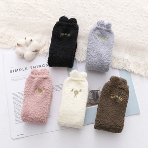 Five pairs of plush coral fleece cat socks with 3D ears and cute animal embroidery
