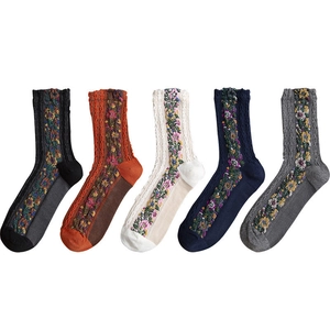 Retro forest style cotton mid-calf socks with cable knit and floral jacquard patterns