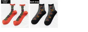 Détail de chaussettes en tulle transparent avec broderie florale colorée en marron et gris