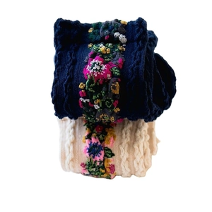 Retro knit cotton crew socks with floral jacquard and cable patterns in navy and cream