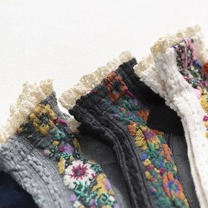 Vintage floral knit cotton socks with delicate lace trim in grey, black and white colors