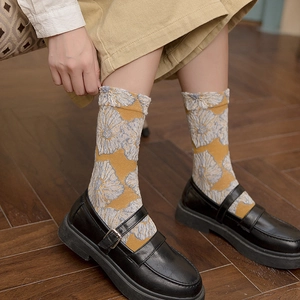 Ginger yellow floral crew socks with vintage jacquard pattern and ruffled cuffs for women