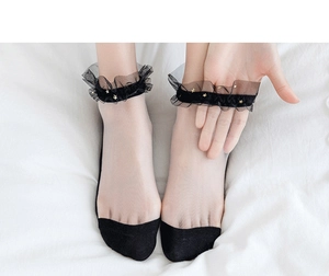 Detail of black lace socks featuring sheer mesh and tiny gold star embroidery decorations