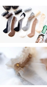 Close-up of lace mesh socks with ruffled edges and star sequins in various colors