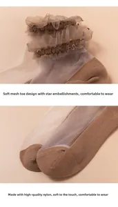 Detail of sheer lace mesh socks with layered frill cuffs and gold star accents