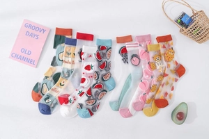 Detail of sheer glass silk socks featuring cute cartoon fruit patterns and mesh texture