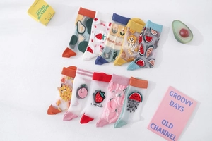 Close-up of 10 pairs of sheer mesh socks with colorful fruit and animal patterns