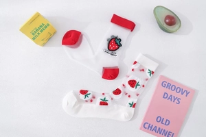 Detail of strawberry embroidery and printed patterns on sheer mesh crew socks for women