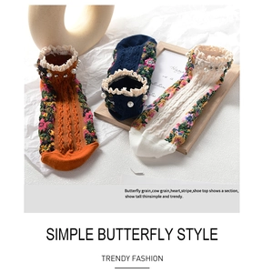 Detailed view of vintage cotton socks with lace trim, pearls, and floral knit patterns