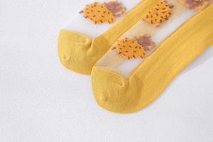 Detail of yellow mesh socks featuring cute cartoon patterns and knit patchwork