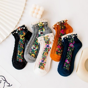 Women Vintage Cotton No Show Socks With Lace Ruffle Trim Artificial Pearl Embellishment Floral Embroidery Sweet Low Cut Casual Short Socks
