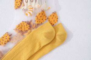 Detail of sheer glass silk socks with orange cartoon tiger patterns and yellow knit heels