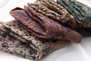 Detailed close-up of retro floral crew socks with bohemian knit pattern and lurex thread