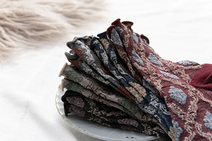 Close-up of retro jacquard knit socks with metallic thread and vintage floral patterns
