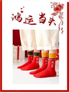 Detailaufnahme roter Neujahrssocken mit Good Luck Stickerei und festlichem Design