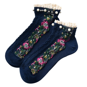 Retro dark blue knitted socks featuring white lace trim, pearls, and floral embroidery