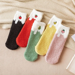 Women Winter Coral Fleece Socks Fruit Embroidery Thicken Warm House Socks Mid Tube Fuzzy Sleeping Socks